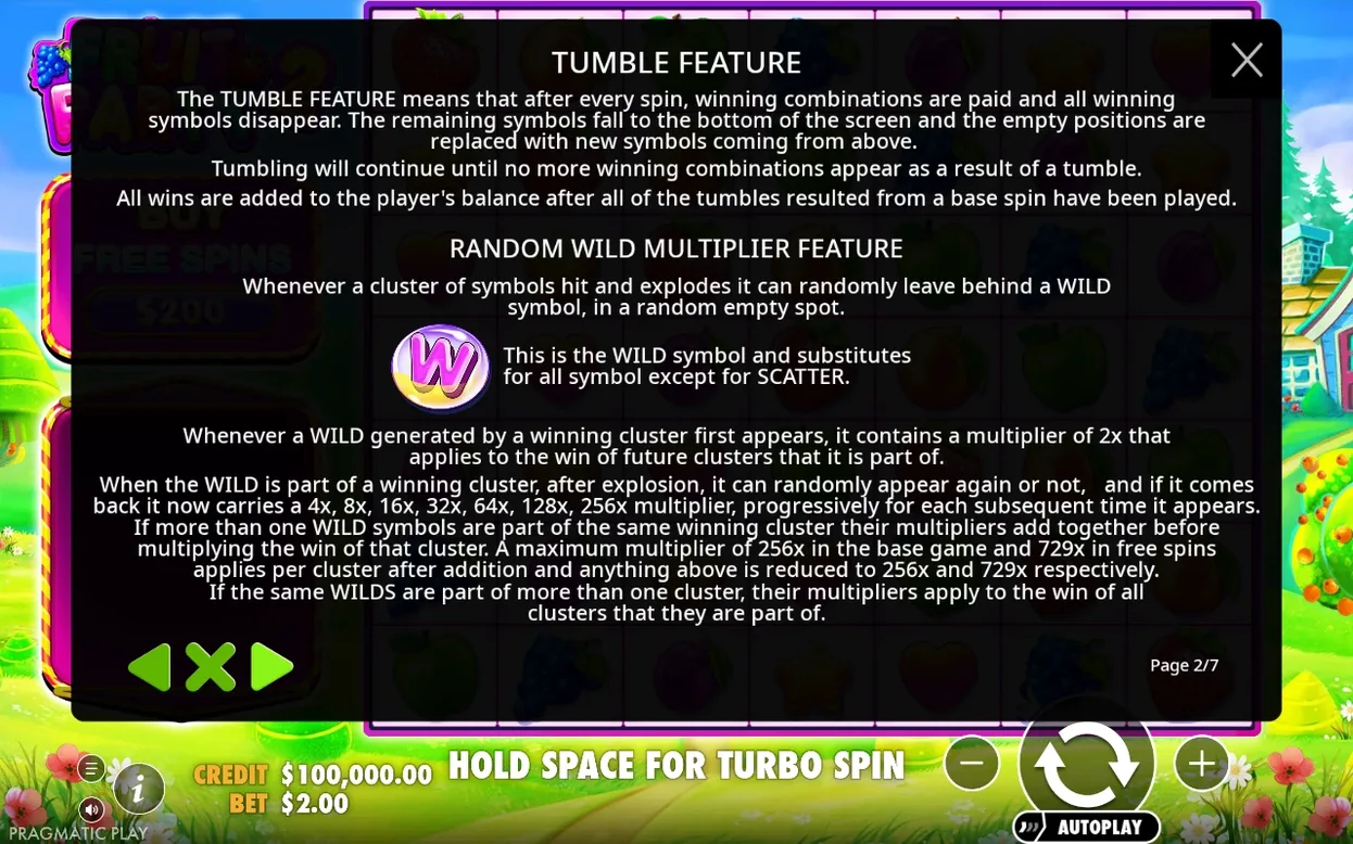 Pagina 2/7 explică Tumble Feature și Random Wild Multiplier, cu pictograma Wild și progresia multiplicatorilor.