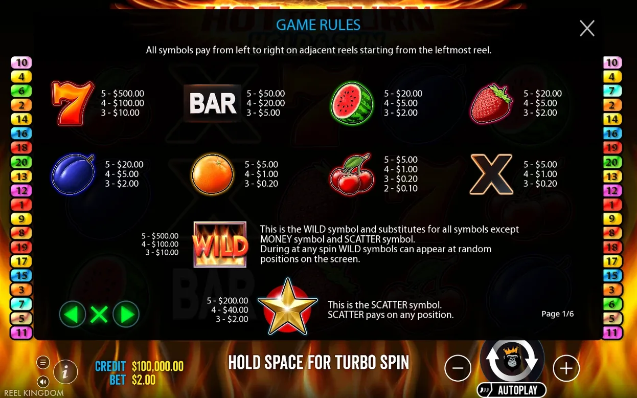 Pagina Game Rules 1/6 afișează simbolurile 7, BAR, WILD și SCATTER cu plățile aferente, pe fundal cu flăcări.