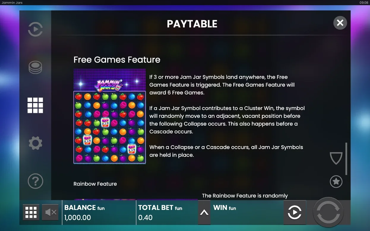 Pagina de reguli descrie Free Games Feature, cu o grilă exemplu și borcane multiplicator x5.