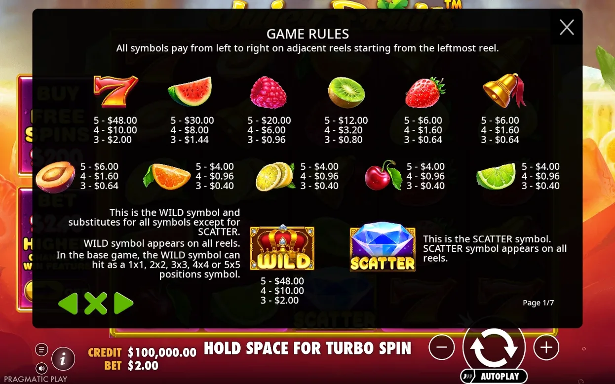 Fereastra Game Rules, pagina 1/7, cu simbolurile de fructe, WILD coroană și SCATTER diamant și plățile lor.