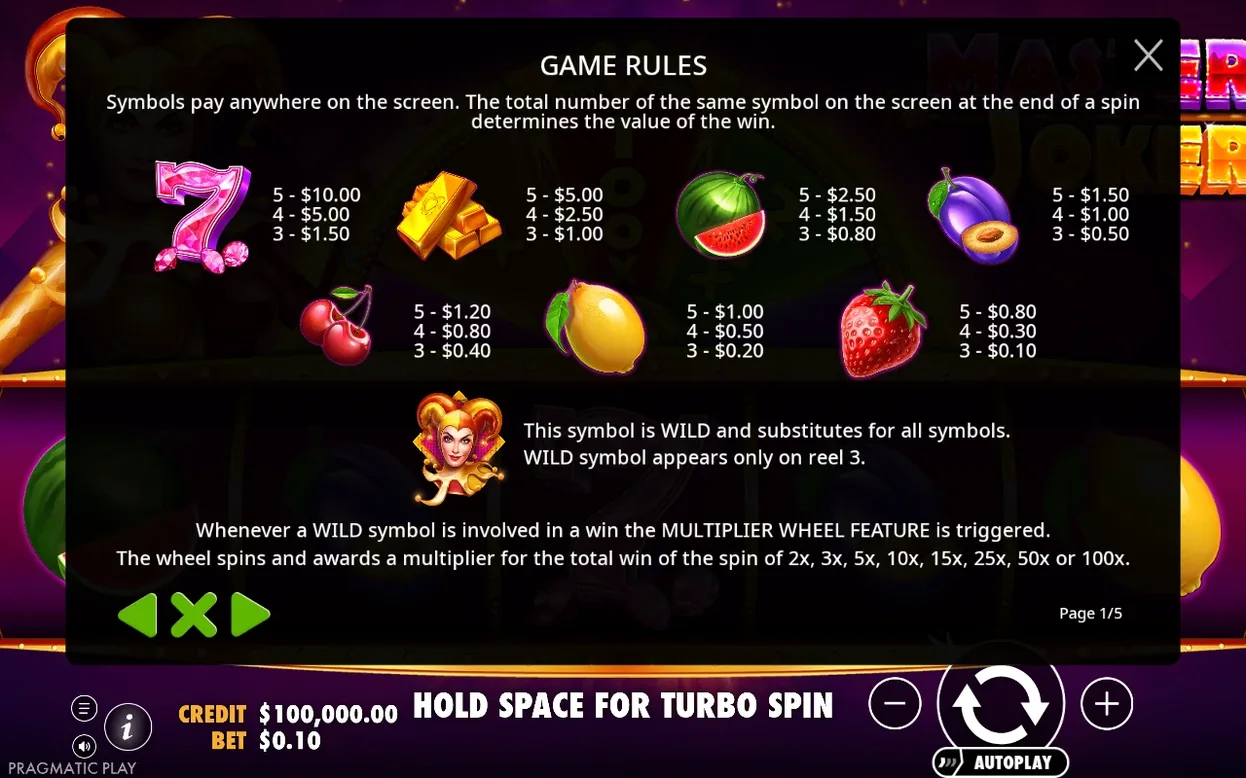 Ecran Game Rules cu simbolurile de plată, explicația WILD de pe rola 3 și textul roții multiplicator, pagina 1/5.